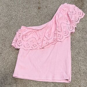 Old Navy Pink Eyelet Ruffle One-Shoulder Top